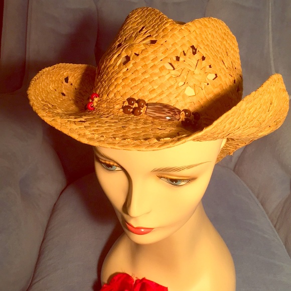 soft Accessories - Tan light wrangler straw hat w bead band EUC